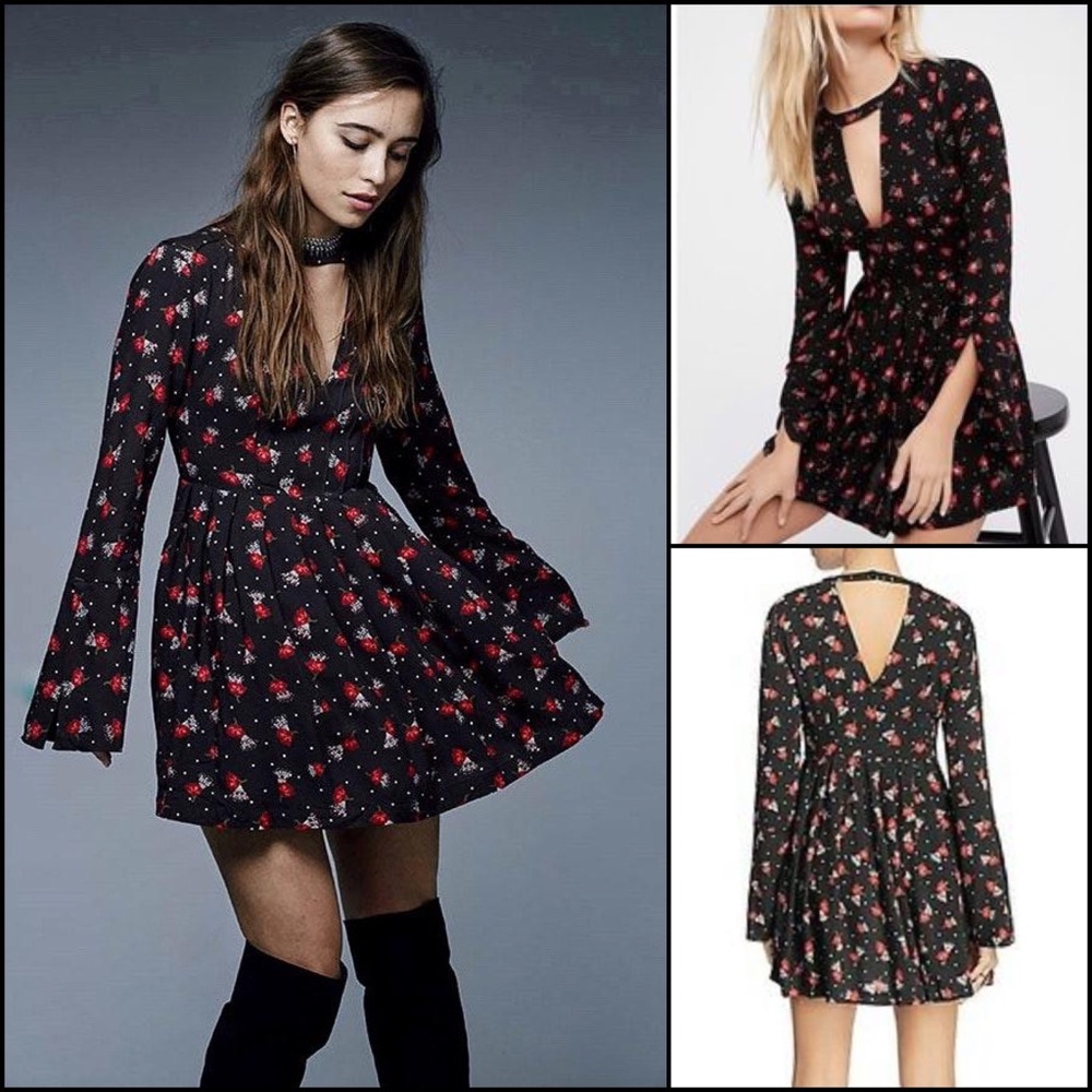 Free People Floral Keyhole Neck Bell Sleeve Pleated Mini Dress
